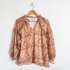 Entro Size Small Floral Print Ruffle V-Neck Blouse
